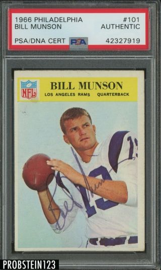 1966 Philadelphia Football 101 Bill Munson Signed Auto Los Angeles Rams Psa/dna