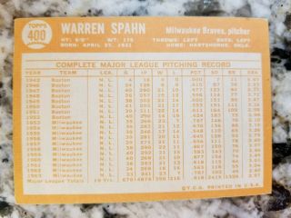 Warren Spahn 1964 Topps Baseball Card No.  400 Milwaukee Braves 2