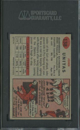 1957 Topps Football 138 Johnny Unitas Colts RC Rookie HOF SGC 3 VG 2