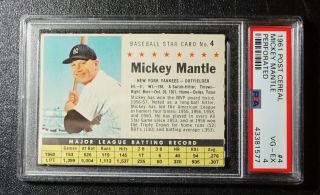 1961 Post Cereal Baseball Card 4 Mickey Mantle Perforated Psa Vg - Ex 4