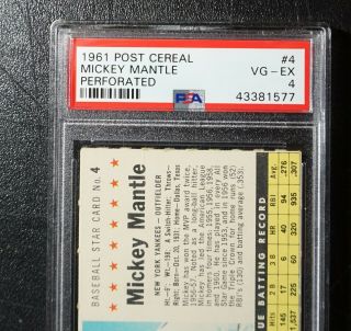 1961 Post Cereal BASEBALL CARD 4 Mickey Mantle Perforated PSA VG - EX 4 2