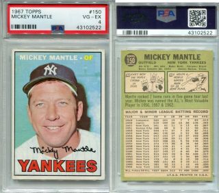 1967 Topps Mickey Mantle 150 Psa 4 Vg - Ex Great Looking For Grade