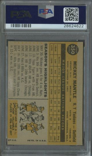 1960 Topps 350 Mickey Mantle York Yankees HOF PSA 2 (MC) GOOD 2