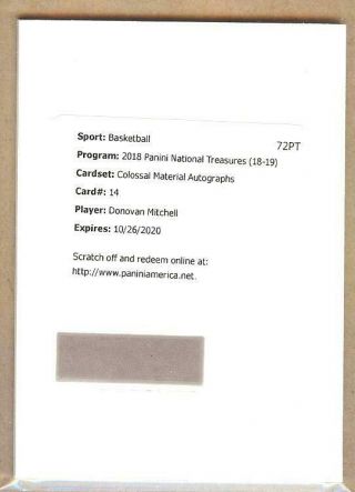 2018 - 19 National Treasures Colossal Donovan Mitchell Auto Jersey Redemption