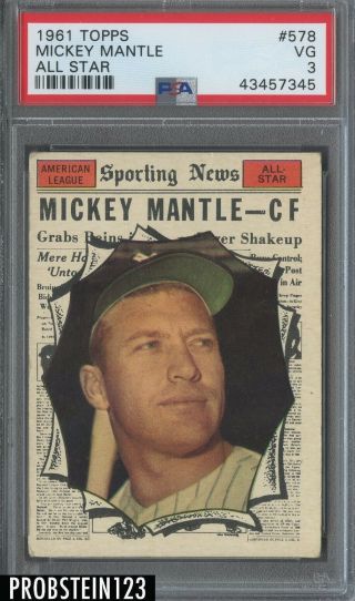 1961 Topps 578 Mickey Mantle York Yankees All Star Hof Psa 3 Vg