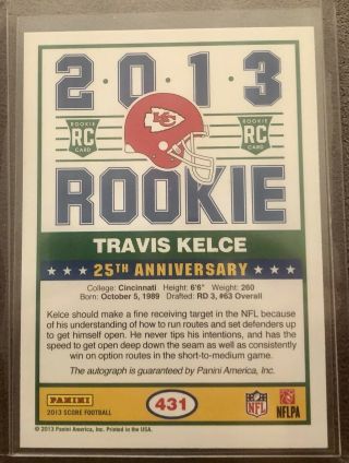 2013 Travis Kelce Rookie Score Autograph Card Auto 2