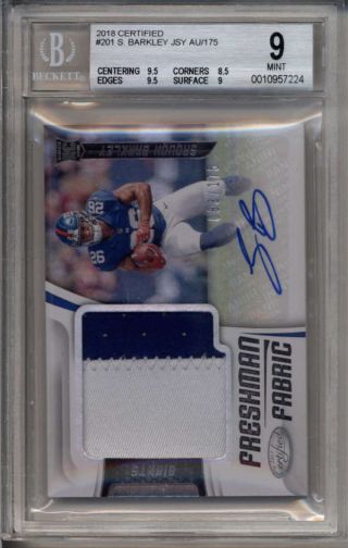 Saquon Barkley 2018 Certified Bgs 9/10 Rookie Jersey Patch Auto 083/175 Fd6803