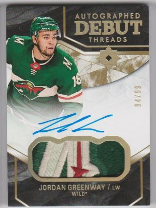 18 - 19 Ud Ultimate Rookie Debut Threads Patch Auto /99 Wild - Jordan Greenway 4cl