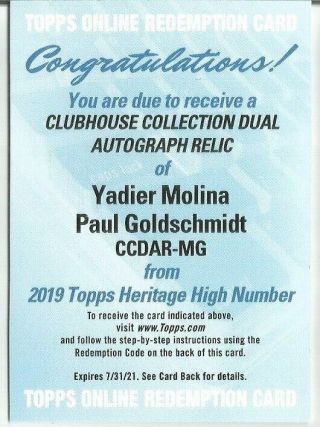 2019 Topps Heritage High Yadier Molina/paul Goldschmidt Dual Auto Relic Ssp /10