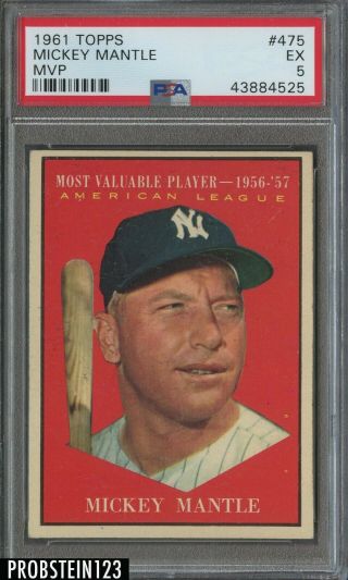 1961 Topps 475 Mickey Mantle Hof Mvp York Yankees Psa 5 Ex