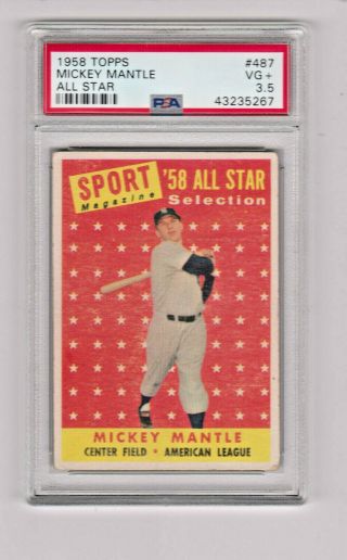 1958 Topps Mickey Mantle All Star Card 487.  Hof.  Psa 3.  5 Vg,