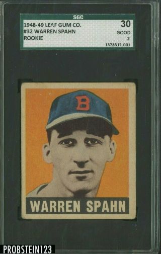1948 Leaf 32 Warren Spahn Boston Braves Rc Rookie Hof Sgc 30 Good 2