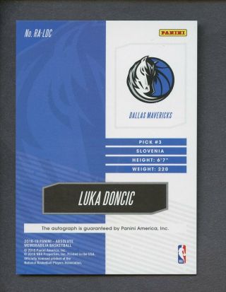 2018 - 19 Absolute Memorabilia Luka Doncic RC Rookie AUTO 96/125 Mavericks 2