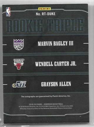 Marvin Bagley 3 Wendell Carter Grayson Allen RC 2018 - 19 Dominion Triple Auto 1/1 2