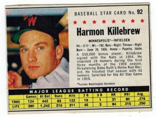 1961 Post Cereal 92 Harmon Killebrew Twins Hand Cut Baseball Card