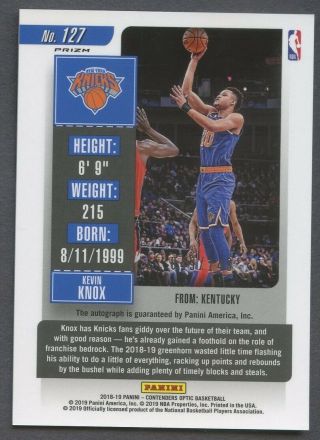 2018 - 19 Contenders Optic Rookie Ticket Red Kevin Knox Knicks RC AUTO /149 2