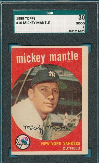 Uncreased Factory Miscut Mickey Mantle 1959 Topps 10 Graded Card Sgc 2 Good Abc