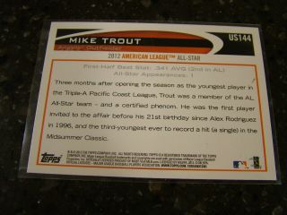 Mike Trout 2012 Topps Update All Star Game SP Variation Card US144 2