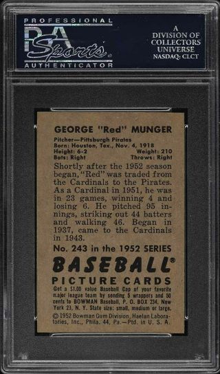 1952 Bowman SETBREAK George Munger 243 PSA 8 NM - MT (PWCC) 2
