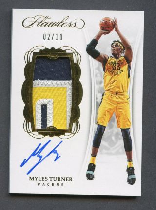 2017 - 18 Panini Flawless Gold Myles Turner 3 - Color Patch Auto 2/10 Indiana Pacers