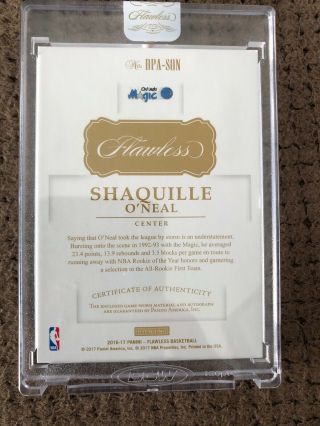 2016 - 17 Panini Flawless SHAQUILLE O’NEAL Auto Dual Jersey Patch Encased d 09/25 2