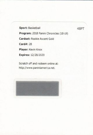 Kevin Knox 2018 - 19 Panini Chronicles Rookie Rc Gold Ascent Auto /10