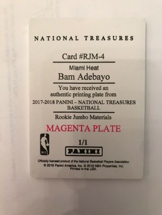 Bam Adebayo 2017 - 18 National Treasures Rookie Jumbo Materials Magenta Plate 1/1