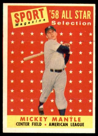 1958 Topps 487 Mickey Mantle Yankees All Star Ex To Ex,