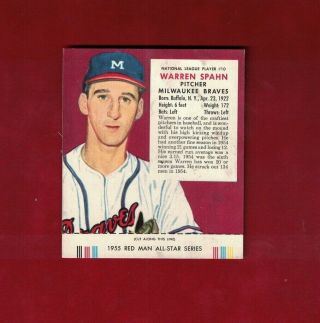 1955 Red Man Tobacco Warren Spahn (milwaukee Braves) Card Nl10 With Tab