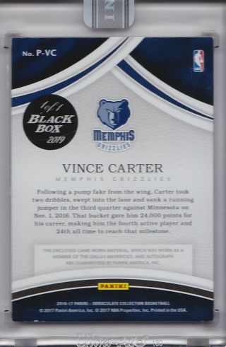 2016 - 17 Immaculate Vince Carter Game Patch Auto Black Box 1/1 Grizzlies 2