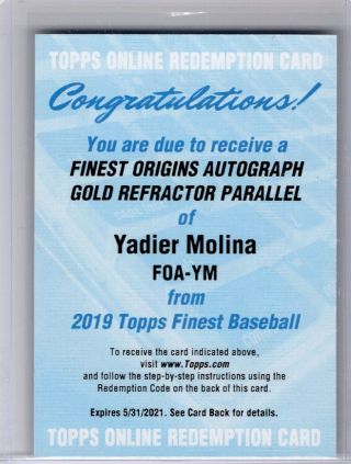 Yadier Molina 2019 Topps Finest Origins Gold Refractor Auto Autograph /50