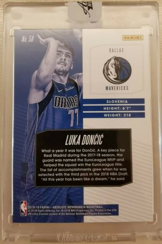 Luka Doncic 2018 - 19 Panini Absolute Rookie Card 58 RC Dallas SP 2