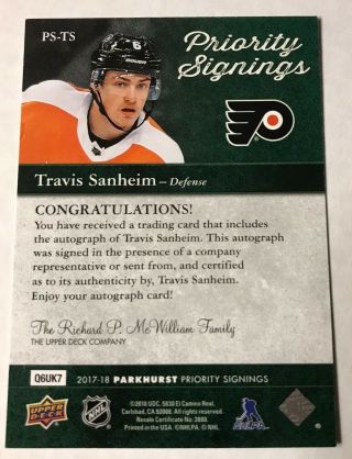 2017 - 18 UD Parkhurst Priority Signings TRAVIS SANHEIM PS - TS Autograph 36/50 2