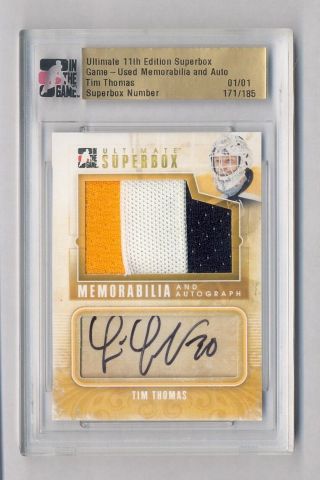 Tim Thomas 2012 In The Game Superbox Jumbo 3 Color Patch Auto True 1/1 Bruins