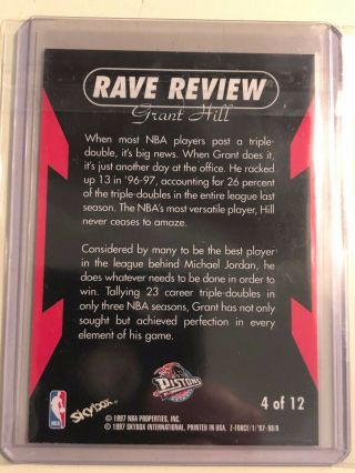 1997 - 98 Skybox Z - Force GRANT HILL Rave Review 4 Rare 90 ' s Insert 2