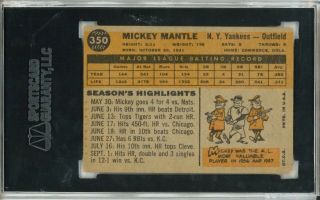 1960 Topps Mickey Mantle 350 SGC 2.  5 GD,  York Yankees Invest 2