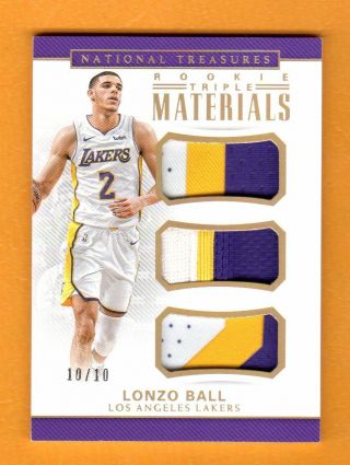 Lonzo Ball 2017 - 18 National Treasures Triple Game Patch Rookie Rc 10/10 Lakers