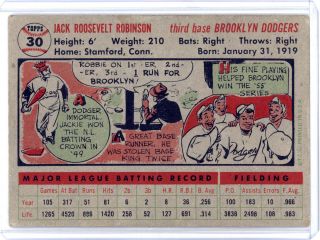 1956 Topps 30 Jackie Robinson VG (HOF) Gray - Back Baseball Card 2