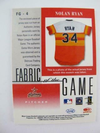 Donruss Fabric of the Game Nolan Ryan FG - 4 Game Worn Jersey Card 2001 Leaf 5