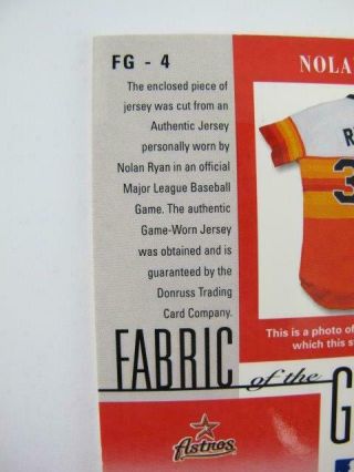 Donruss Fabric of the Game Nolan Ryan FG - 4 Game Worn Jersey Card 2001 Leaf 7