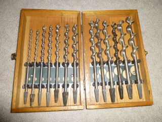 Vntg Irwin 13 Antique Hand Auger Wood Drill Bit Set In Wood Dovetailed Box Case