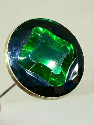 Antique Hat Pin Deep Forest Green Rim.  Raised Emerald Center.  Splendid Collectible
