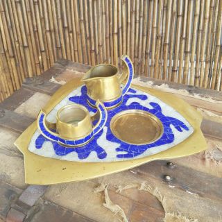 Vintage Salvador Teran Coffee Tea Mexican Handwrought Mosaic Brass Tray Set Mcm