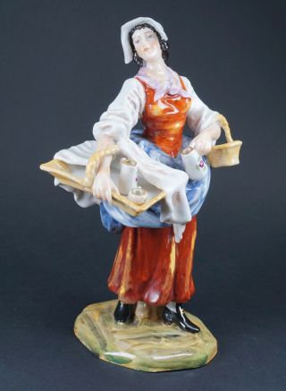 Antique German Carl Thieme Dresden Porcelain Lady Figurine With Baskets
