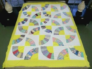 Striking Vintage Feed Sack Hand Sewn Applique Chinese Fan Quilt Top; 72 " X 63 "