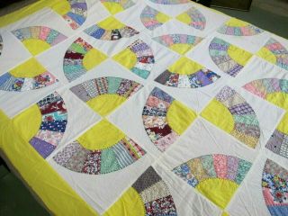 STRIKING Vintage Feed Sack Hand Sewn Applique CHINESE FAN Quilt TOP; 72 