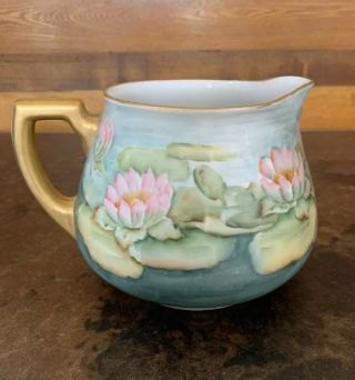 Antique W.  G & Co Limoges Cider Pitcher Hand Painted Water Lilies Signed Fluckey