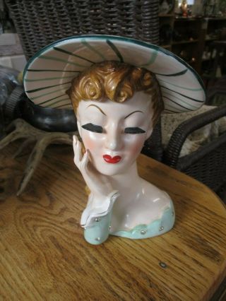 Antique Vintage Rare Napco 1956 Large Green Striped Hat Old Headvase Head Vase