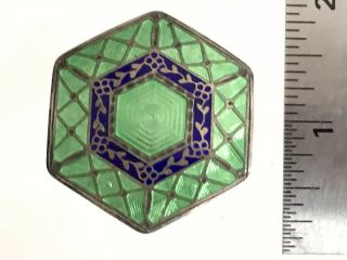 Antique Art Deco Green Blue Guilloche Enameled Hexagonal Brooch Pin 1.  75 "
