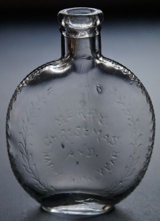 Antique Merry Christmas And Happy Year Pumpkin Seed Whiskey Flask
